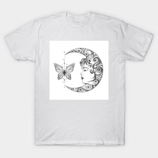 Crescent Moon with Female Face and Butterfly T-Shirt